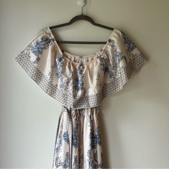 Shein Blue Floral Off Shoulder Maxi Dress Large Boho Summer Ruffle Tiered - Picture 2 of 9